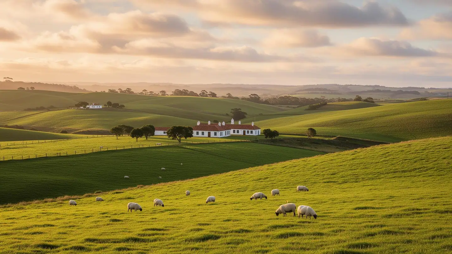 Campo uruguayo con ganado pastando al atardecer